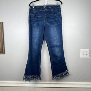 Elliott & Vine Boho Western Flare Jeans Sz 10 Fringe Hem Stretch Denim